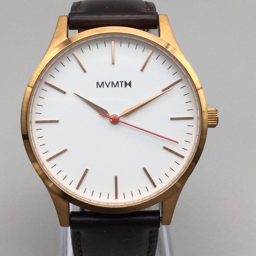 MVMT Series 40 Watch Men 40mm Rose Gold Tone Brown Leather Band New Battery